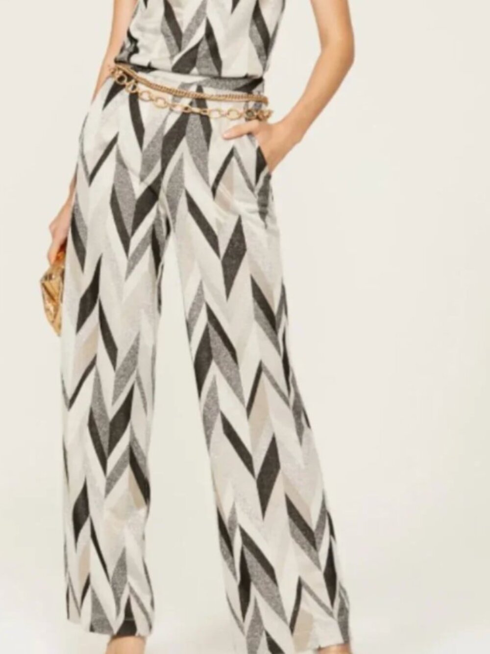 Trina Turk Asia Pants Chervon Tiled Print Silver Metallic Geometric 4